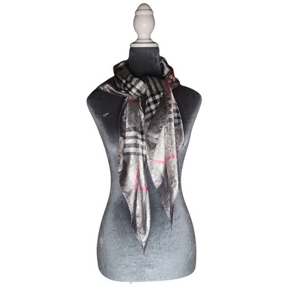 Silver & Pink Plaid Satin Scarf 35" Square Medium EUC Preppy Multifunction - Picture 6 of 11